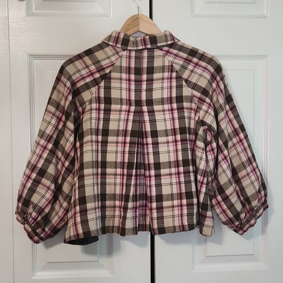 Nori Women's Pink & Brown Plaid Button Front Cropped Puff Sleeve Jacket Size LG - Picture 2 of 10